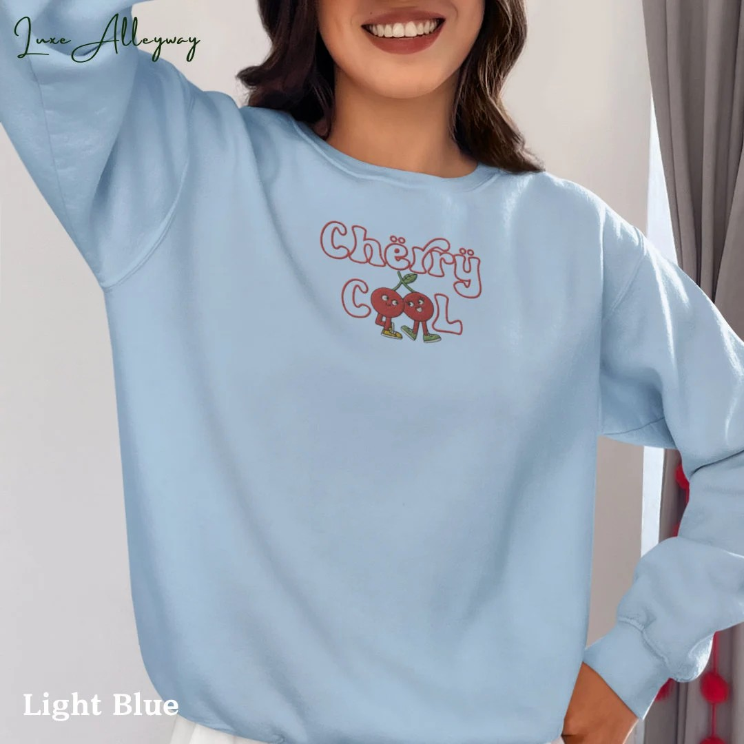 Life Scribbles - Cherry Cool Embroidered Crewneck Sweatshirt Light Blue