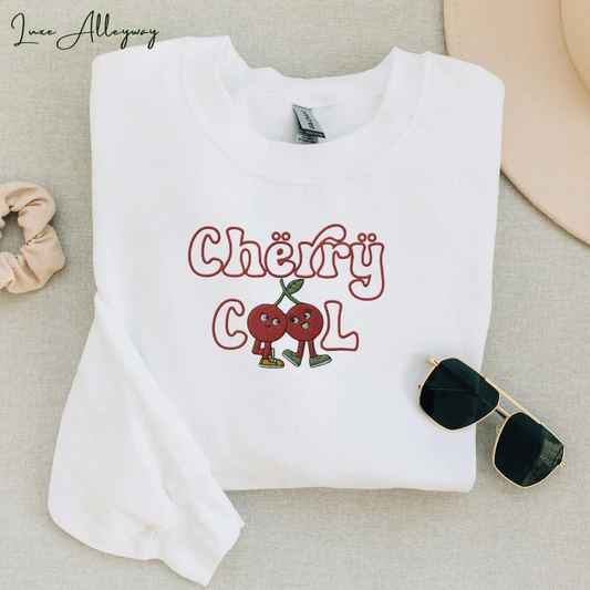 Life Scribbles - Cherry Cool Embroidered Crewneck Sweatshirt White 