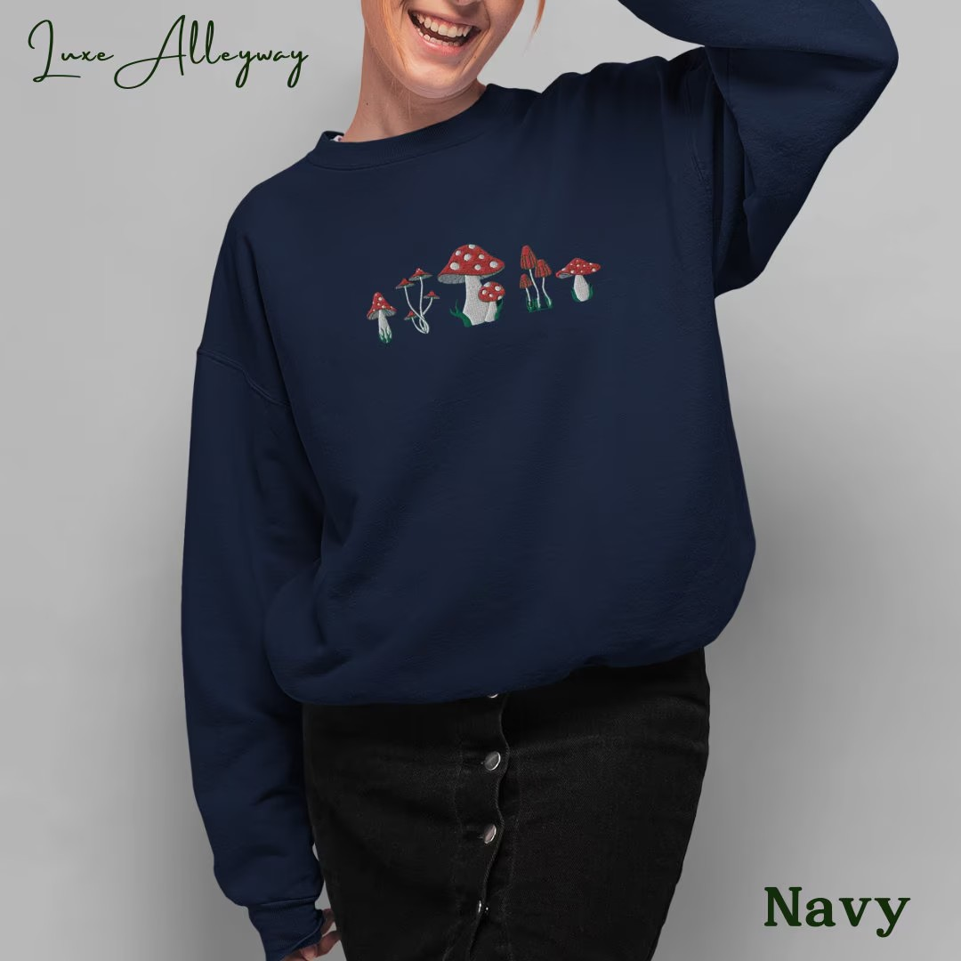 Life Scribbles - Mushroom Nature lover Embroidered Crewneck Sweatshirt Navy