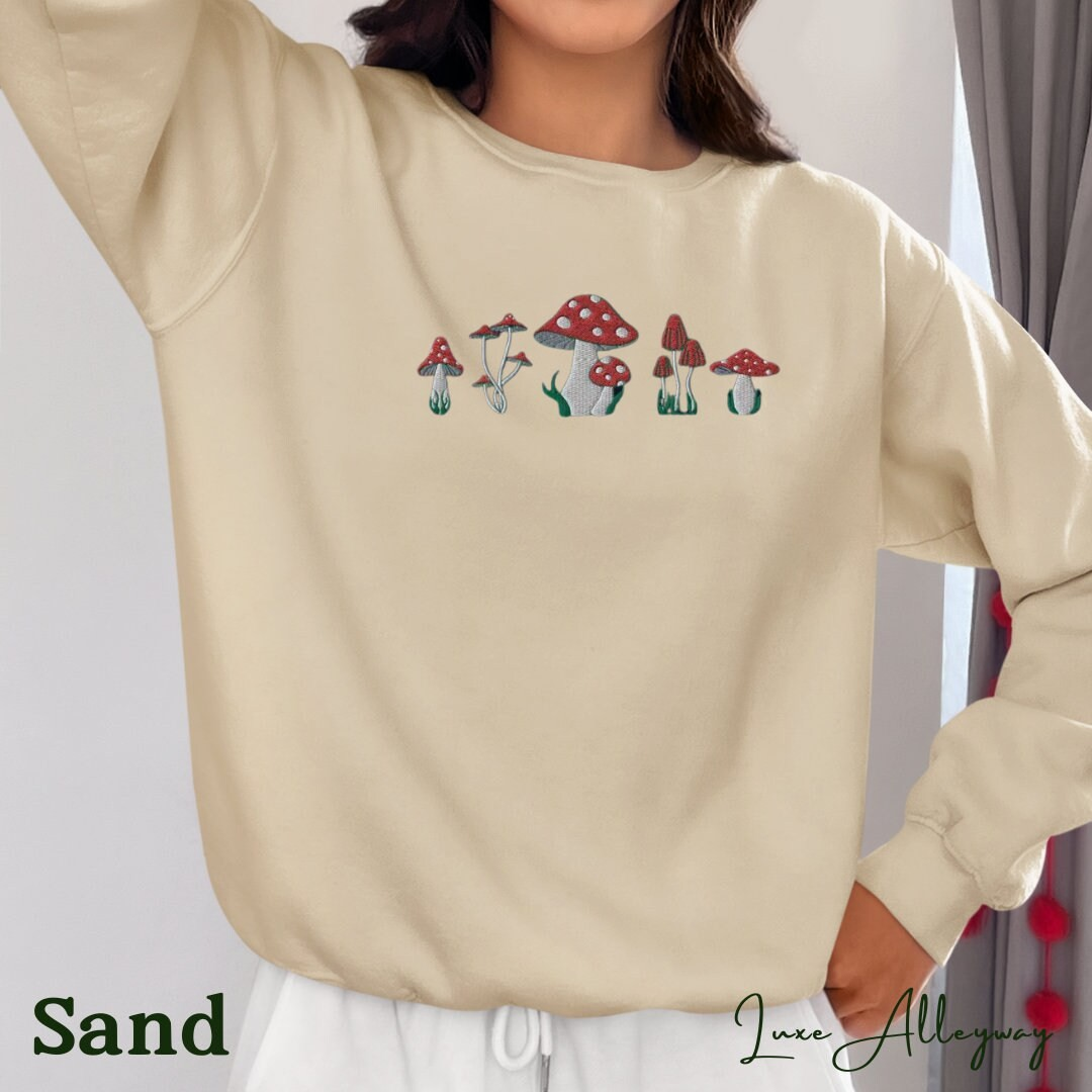 Life Scribbles - Mushroom Nature lover Embroidered Crewneck Sweatshirt Sand