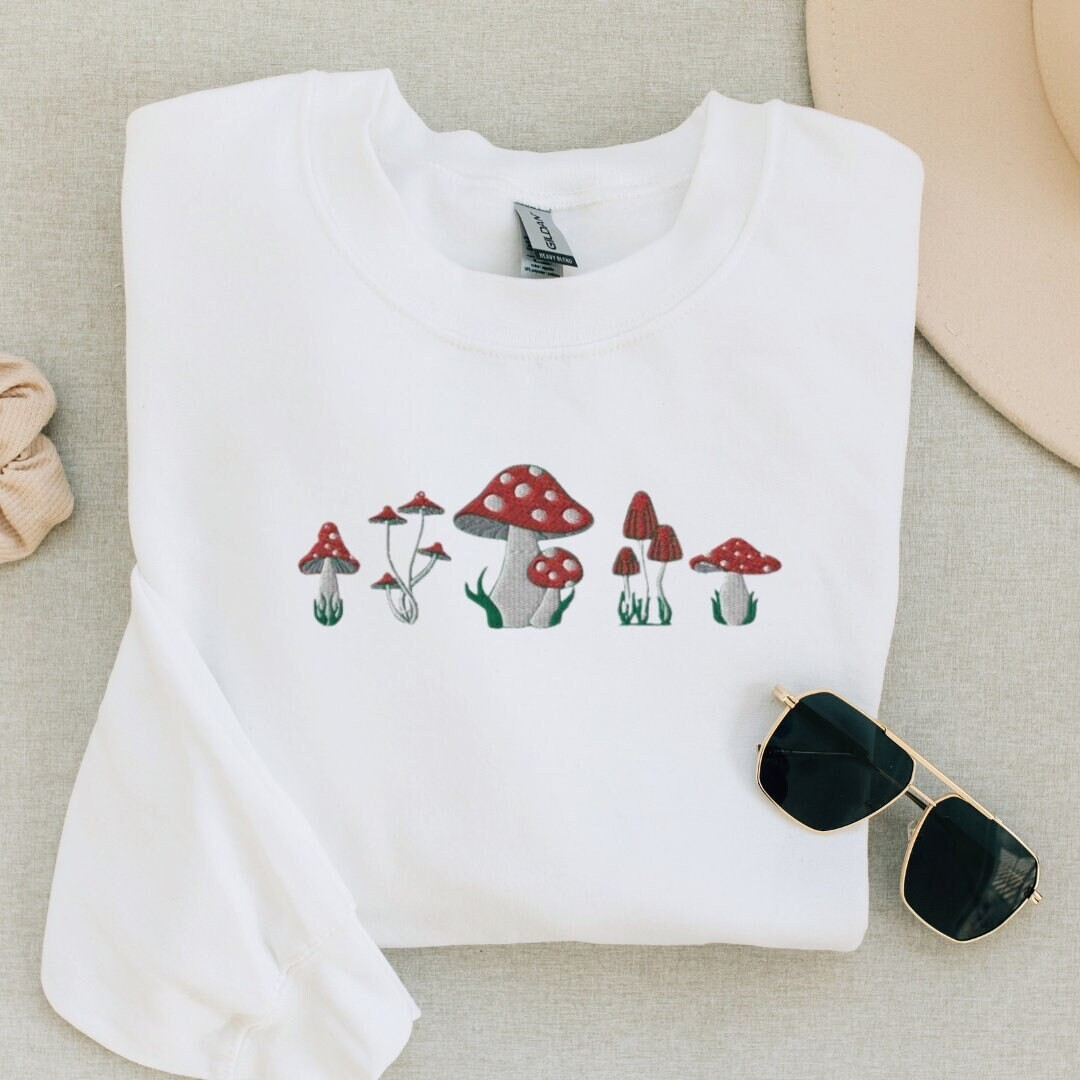 Life Scribbles - Mushroom Nature lover Embroidered Crewneck Sweatshirt White