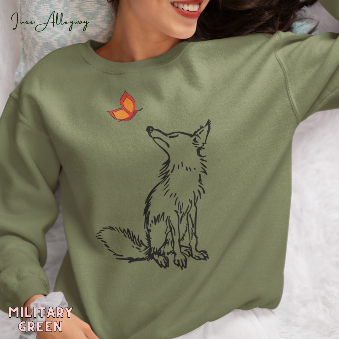 Life Scribbles - Military Green - Nature Fox Butterfly Sweatshirt - Winter wear - Fall Jumper