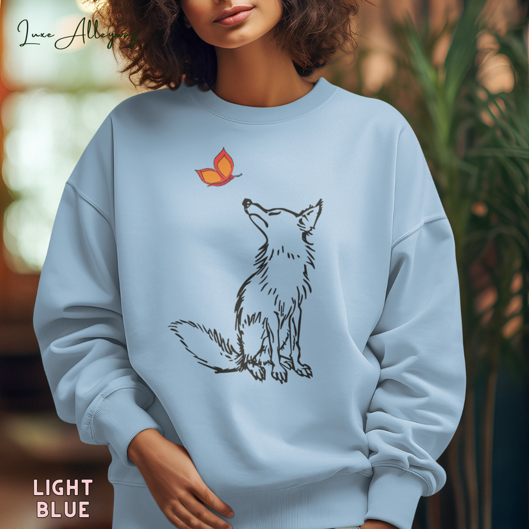 Life Scribbles - Light Blue - Nature Fox Butterfly Sweatshirt - Winter wear - Fall Jumper