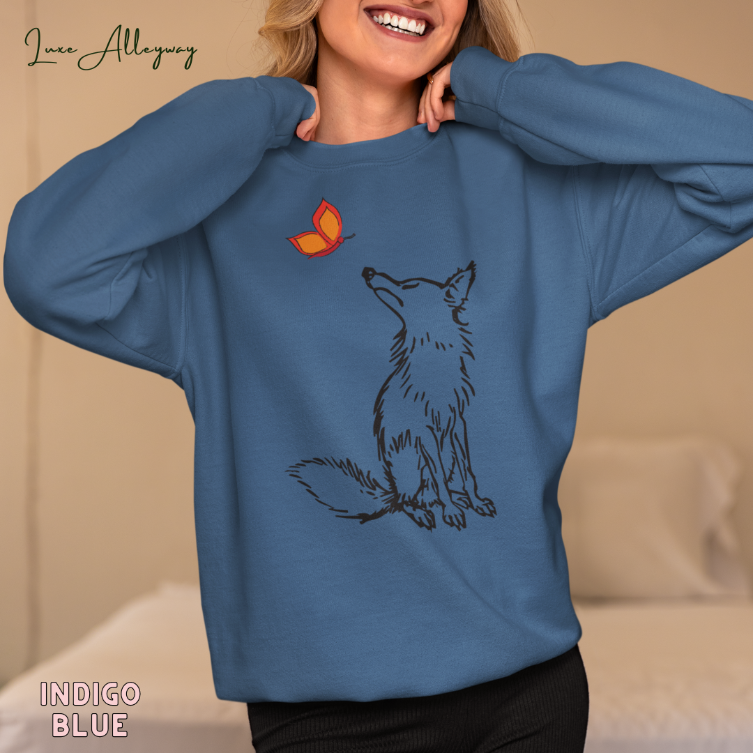 Life Scribbles - Indigo blue - Nature Fox Butterfly Sweatshirt - Winter wear - Fall Jumper