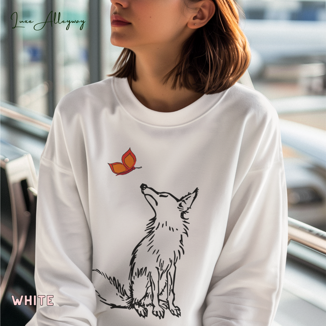 Life Scribbles - White- Nature Fox Butterfly Sweatshirt - Winter wear - Fall Jumper